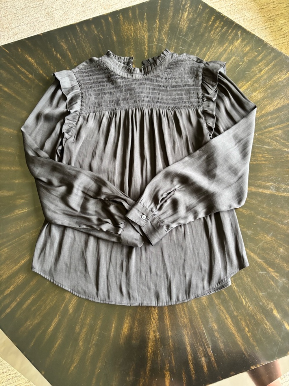 Women's Black Smocked Yoke Ruffle Long-Sleeve Top - Loft. M